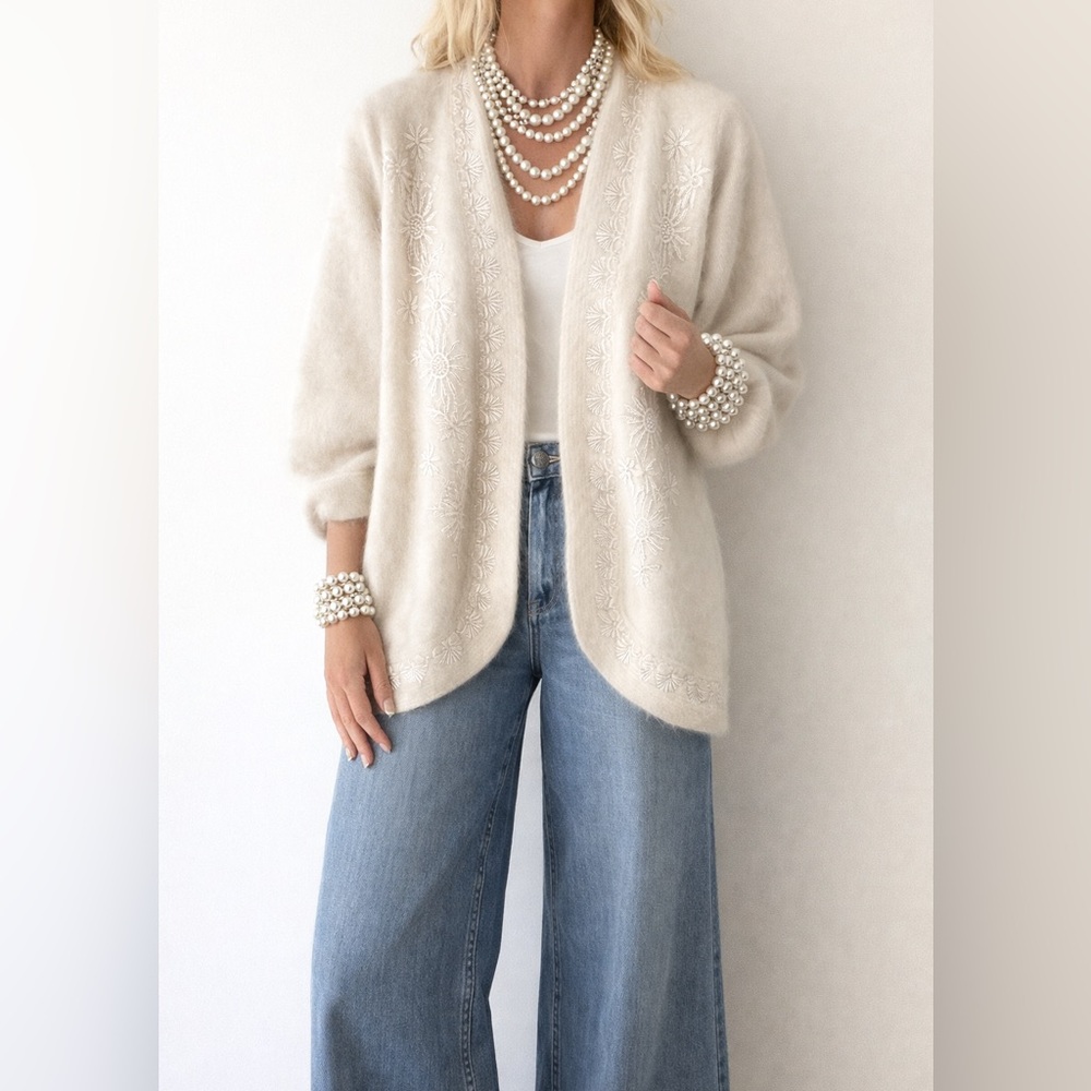Ivory angora Pearl floral & fan lace embellished open cardigan